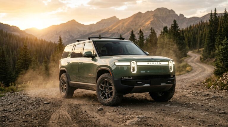 2026 Rivian R2 electric SUV in Launch Green parked on a mountain trail