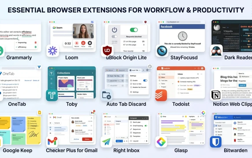 best productivity Chrome extensions 2026 pinned in the Chrome browser toolbar