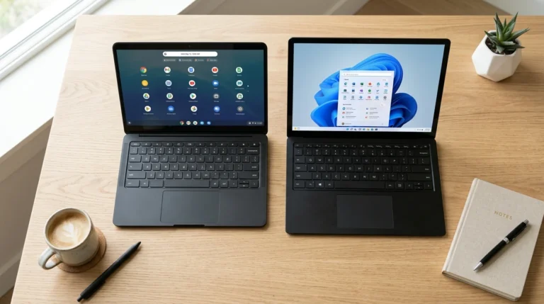 Chromebook vs laptop side by side on a desk
