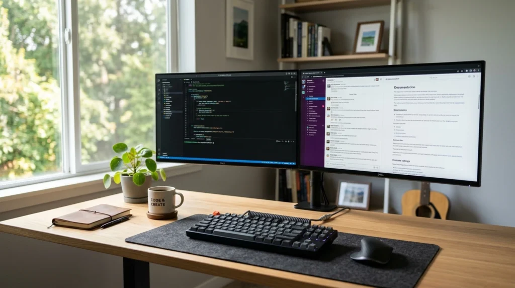 Dual monitor setup on a tidy home office desk with two matching 27-inch screens