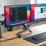 Dual monitor setup on a tidy home office desk with two matching 27-inch screens