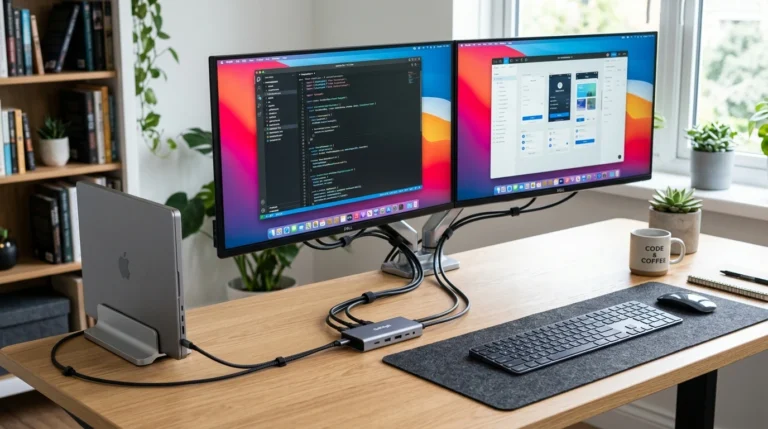 Dual monitor setup on a tidy home office desk with two matching 27-inch screens