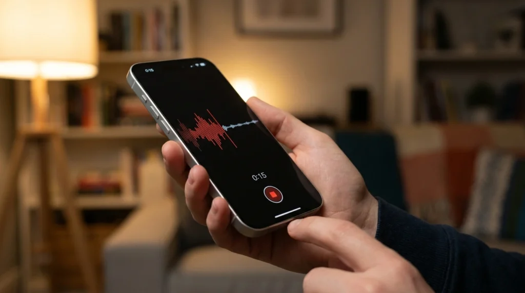 Hand recording a voice memo to test the bottom microphone on a phone