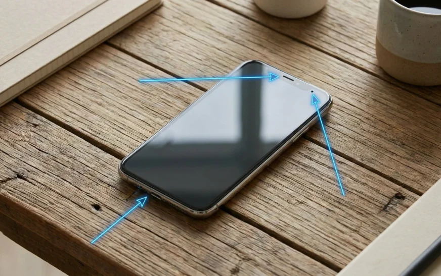 Diagram showing the three microphone locations on a modern smartphone: bottom, top earpiece, and rear near the camera
