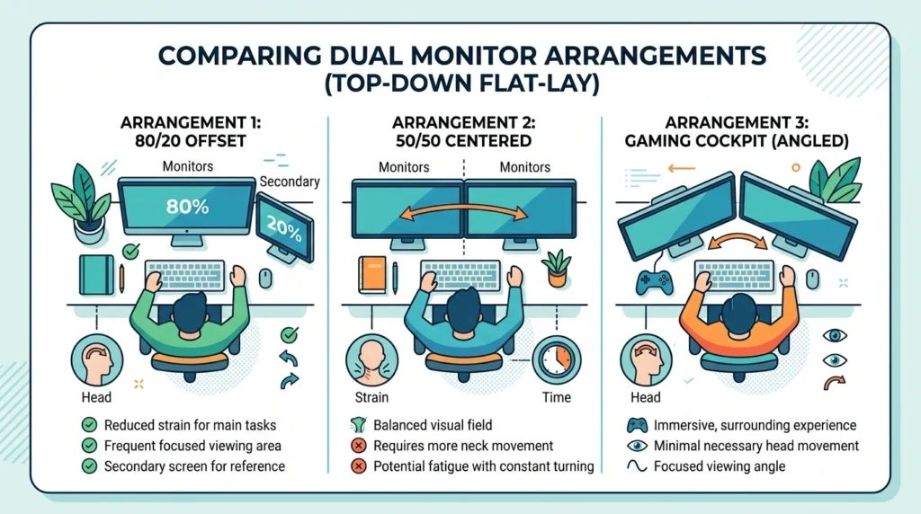 Comparison of dual monitor arrangements for different usage patterns