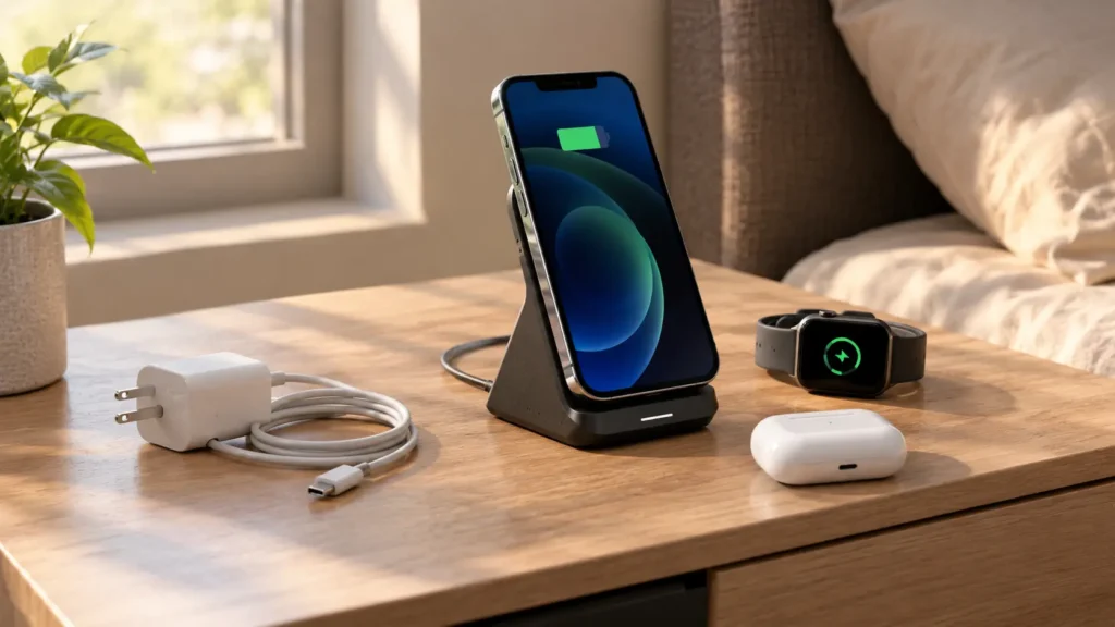 Smartphone snapped onto a magnetic Qi2 wireless charger on a desk