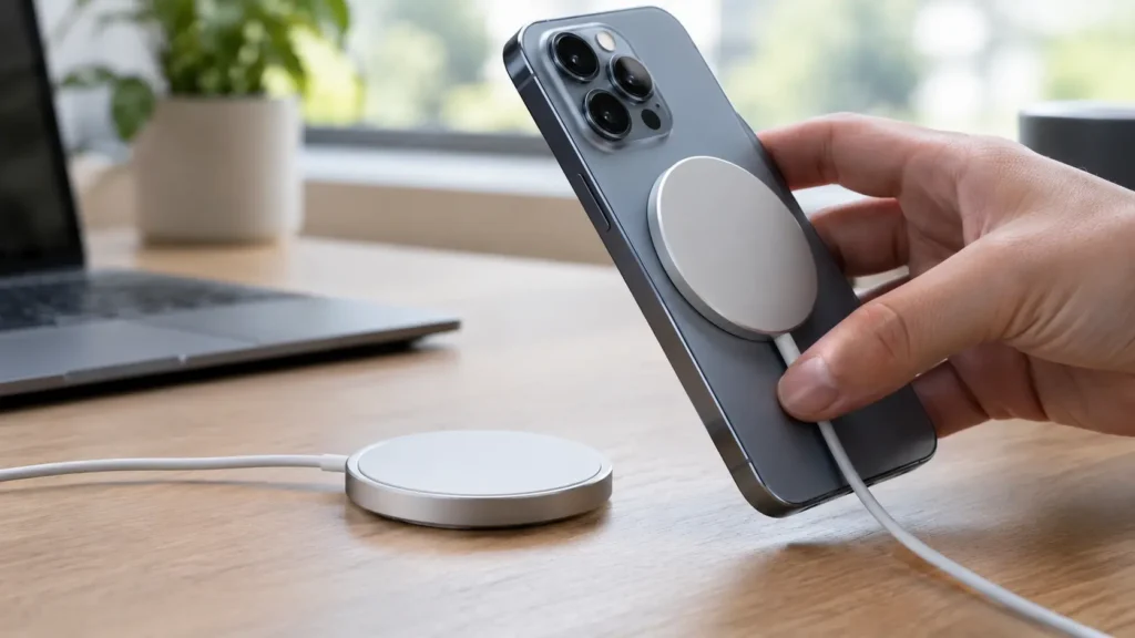 Smartphone snapped onto a magnetic Qi2 wireless charger on a desk