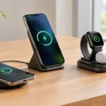 Smartphone snapped onto a magnetic Qi2 wireless charger on a desk