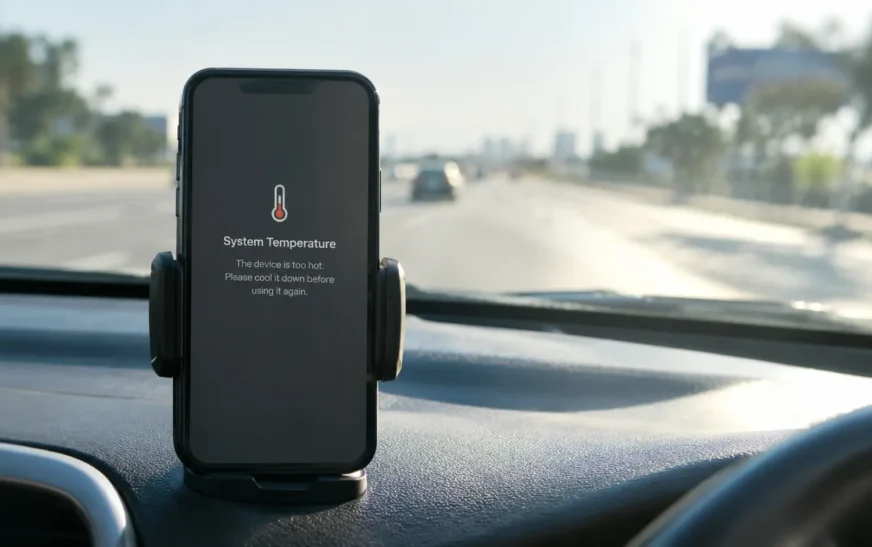 smartphone showing a temperature warning on a car dashboard in direct sunlight