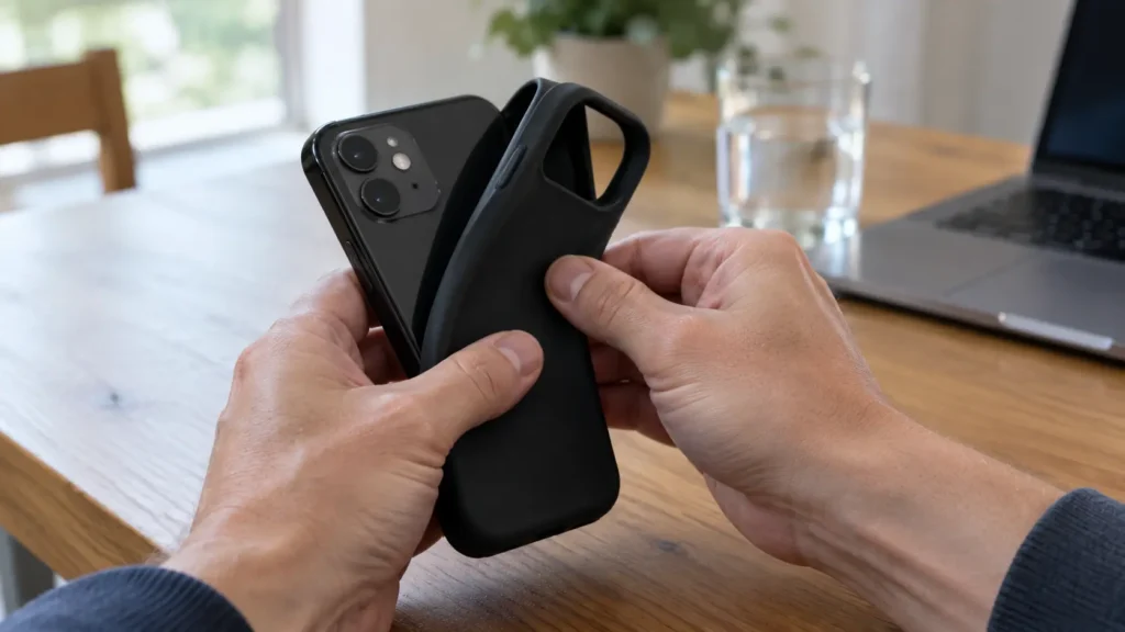 person removing a thick case from a hot smartphone